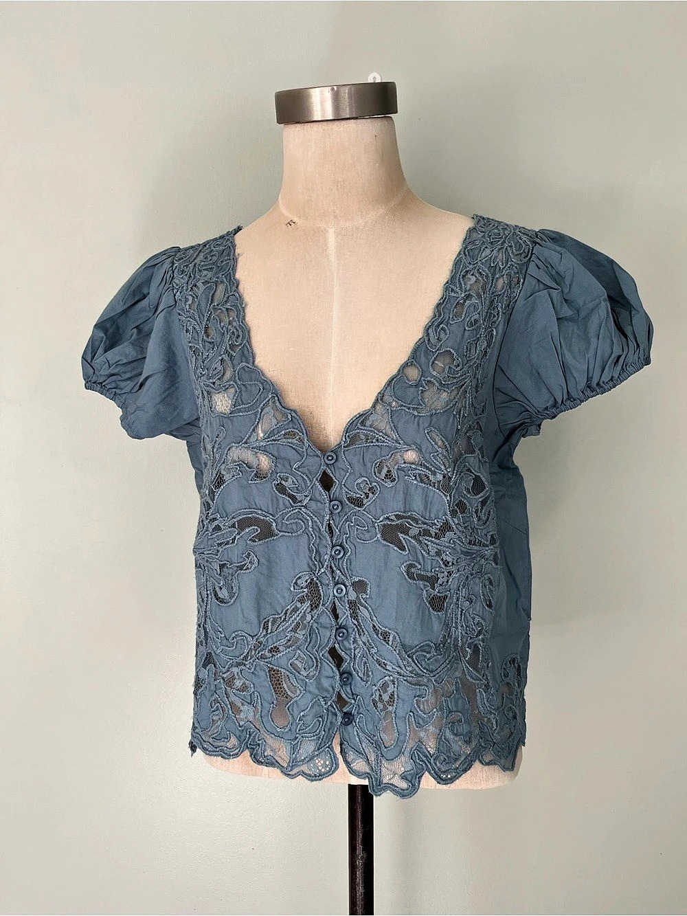 Anthropologie Lace Puff-Sleeve Top in Blue Medium NWT